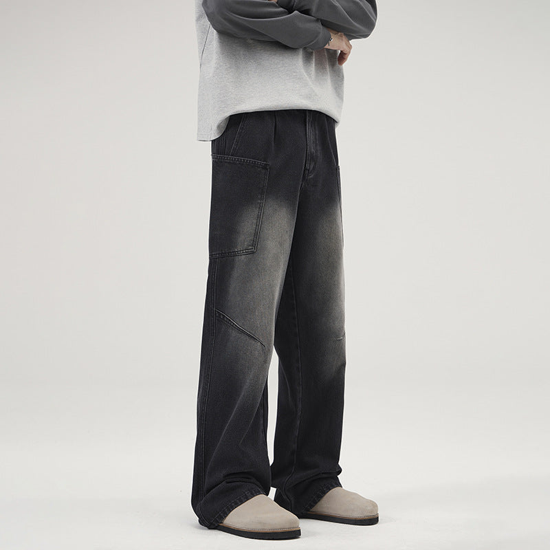 Men's Ultra-Wide Stonewashed Denim Palazzo Cargo Pants with Large Patch Pockets Mune Fashion