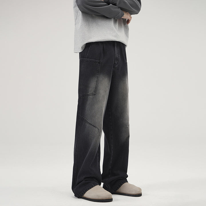 Men's Ultra-Wide Stonewashed Denim Palazzo Cargo Pants with Large Patch Pockets Mune Fashion