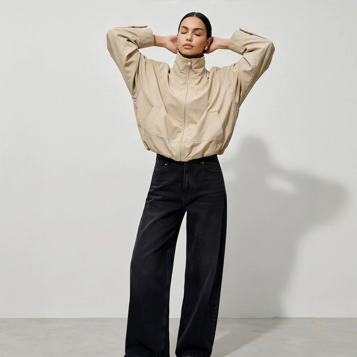 Women's Boxy-Cropped Windbreaker Jacket with High Standing Collar and Straight Hem Mune Fashion