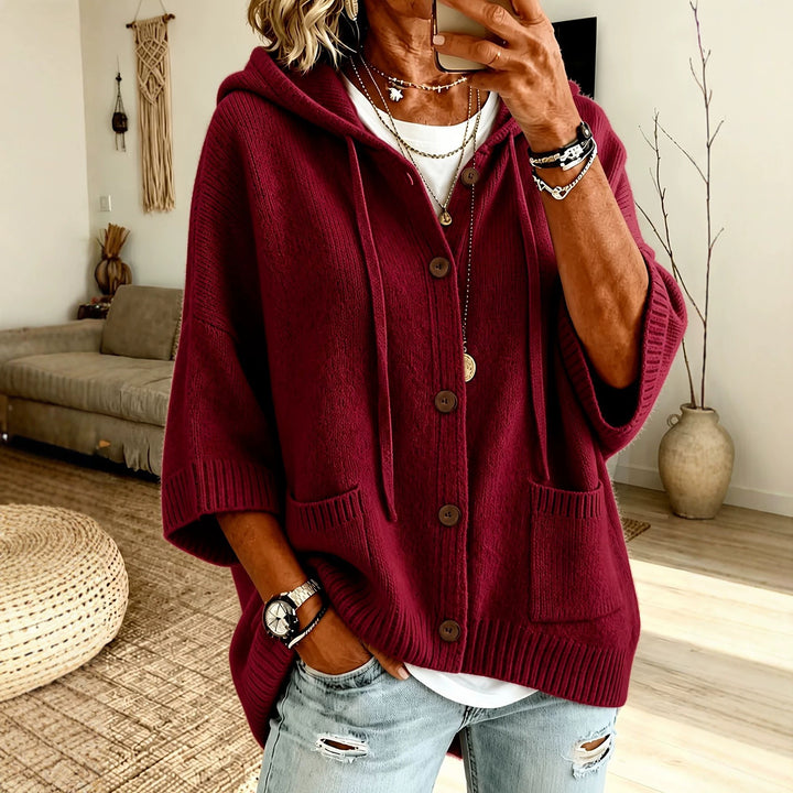 Women's Oversize Hooded Cardigan with Wooden Buttons and Boxy Silhouette Mune Fashion