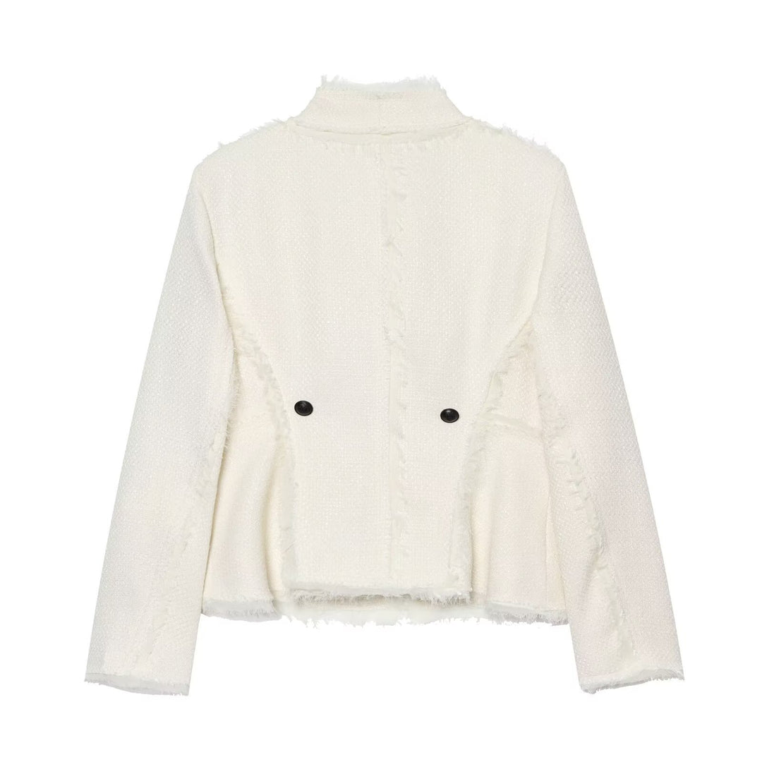 Women's bouclé short jacket with fringe trim and asymmetrical single-button closure Mune Fashion
