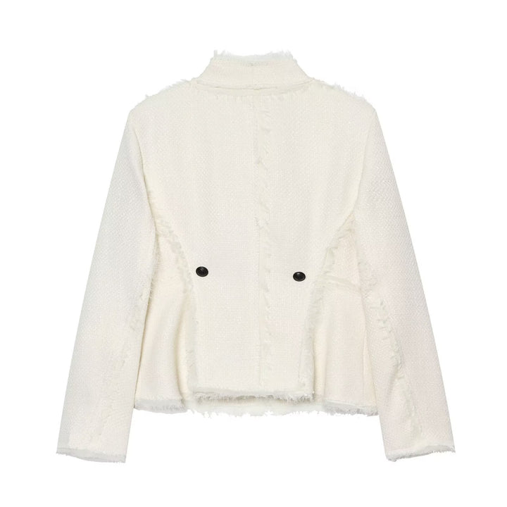 Women's bouclé short jacket with fringe trim and asymmetrical single-button closure Mune Fashion