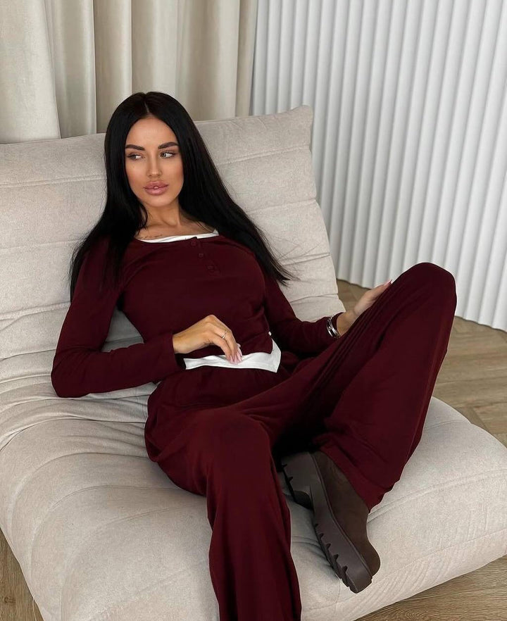 Women's loungewear set made of soft modal with Henley button placket and wide high-waist lounge pants Mune Fashion