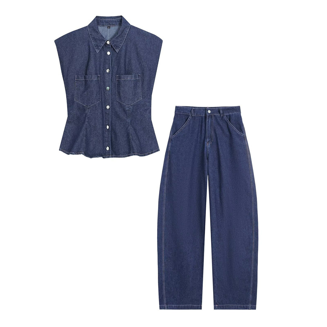 Women's Tailored Denim Set with Sleeveless Shirt Blouse and Wide High-Waist Trousers Drune