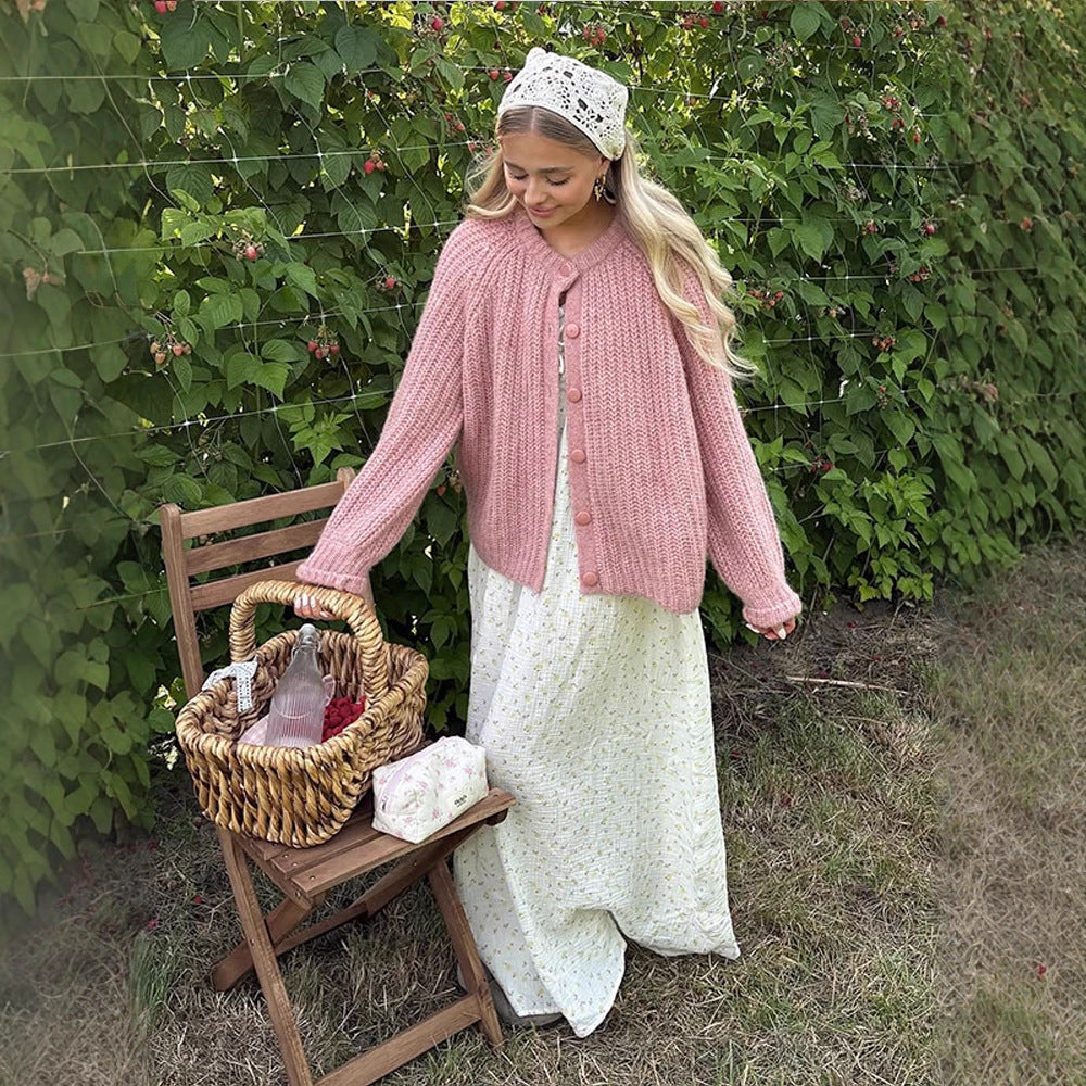 Ladies Chunky Knit Mohair Look Short Jacket with Raglan Sleeves & Decorative Button Placket Mune Fashion