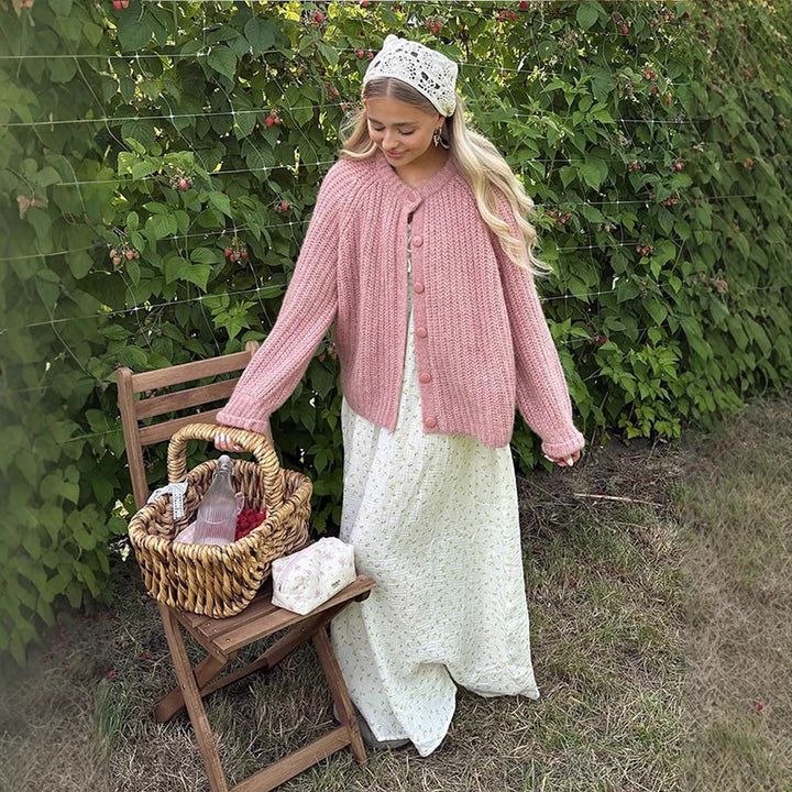 Ladies Chunky Knit Mohair Look Short Jacket with Raglan Sleeves & Decorative Button Placket Mune Fashion