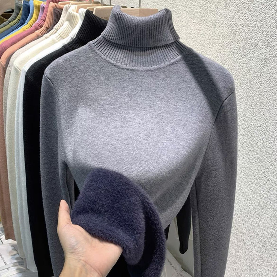 Women's fine knit turtleneck sweater with warming inner lining and slim silhouette Mune Fashion