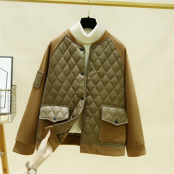 Women's quilted baseball bomber jacket with diamond stitching, flap pockets, and elastic cuffs Mune Fashion