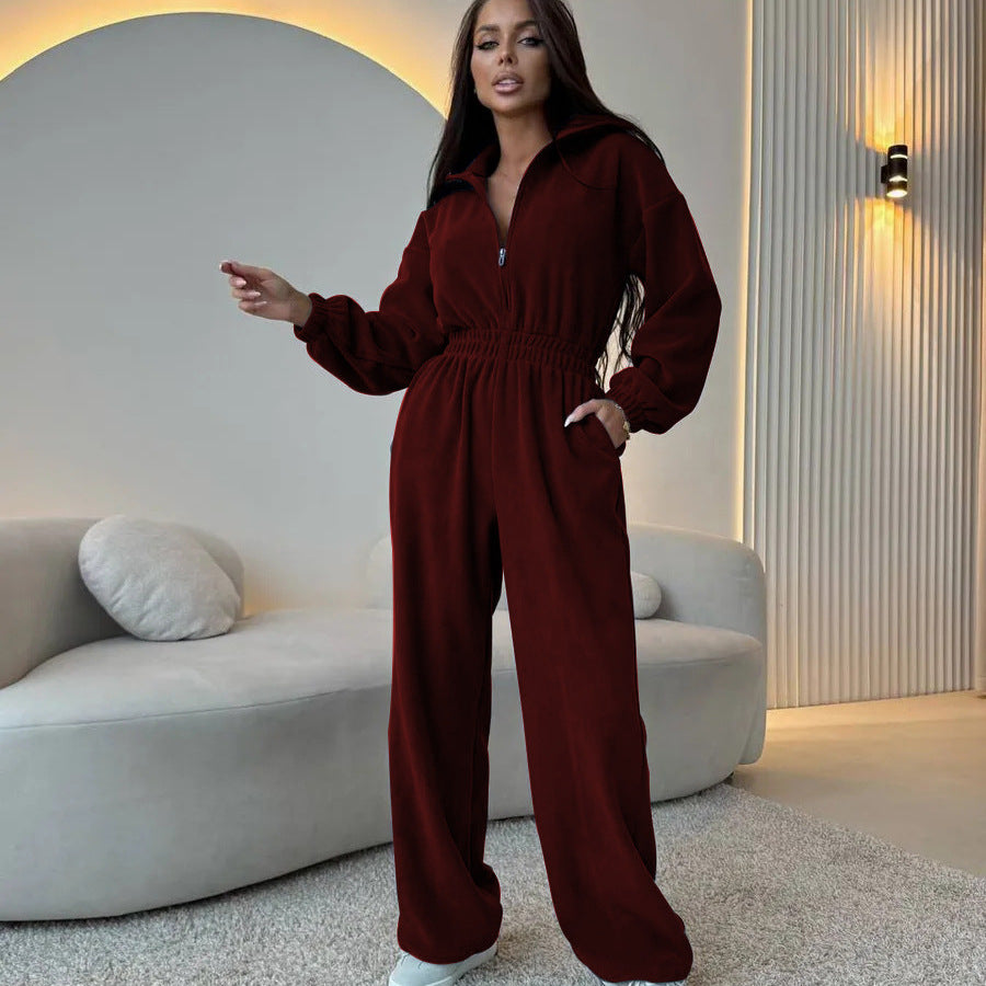 Women's Oversized Loungewear Jumpsuit with Half Zipper and Elastic Waist Gathering Mune Fashion