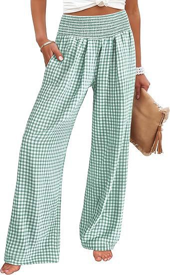 Women Lightweight Palazzo Pants with Smocking Waist, Wide Leg and Check Print Mune Fashion