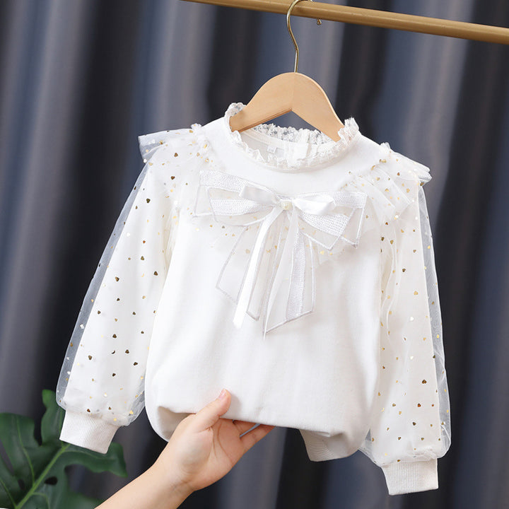 Girls' fashionable sweatshirt with decorative tulle sleeves and bow details Mune Fashion