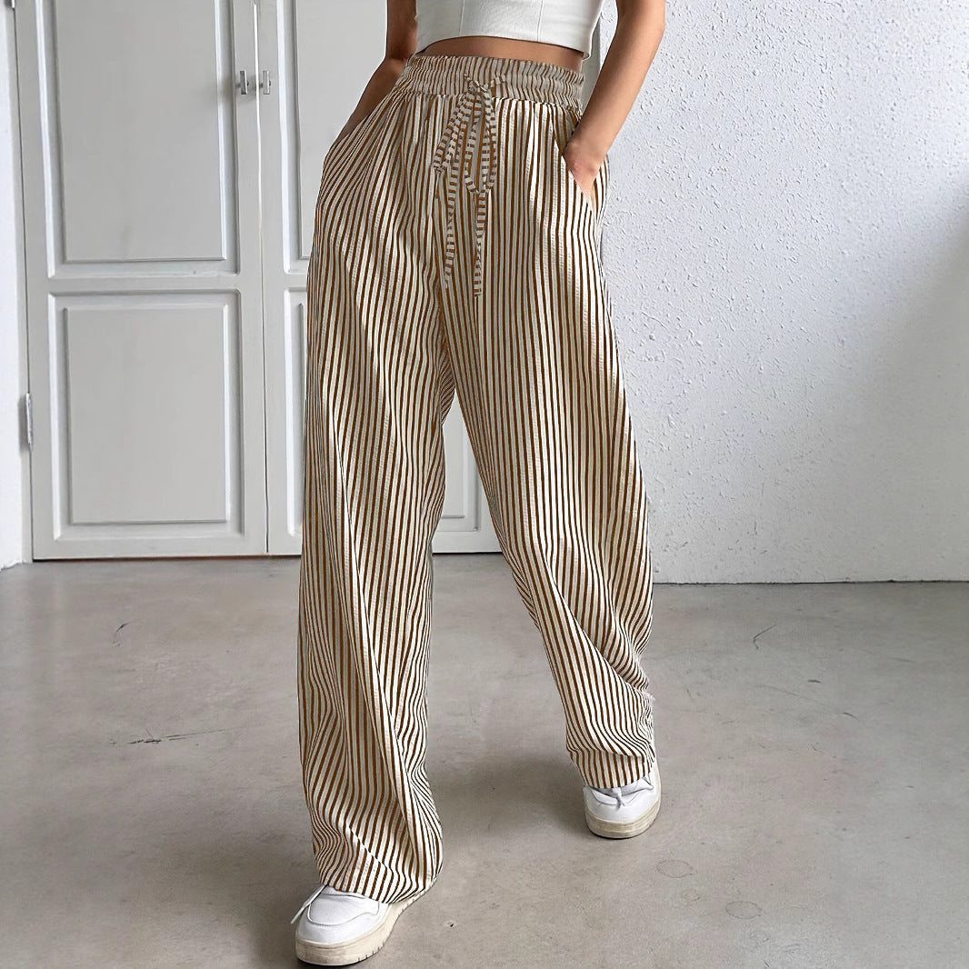 Women's Marlene striped pants made of linen blend with wide leg, elastic waistband and drawstring Mune Fashion