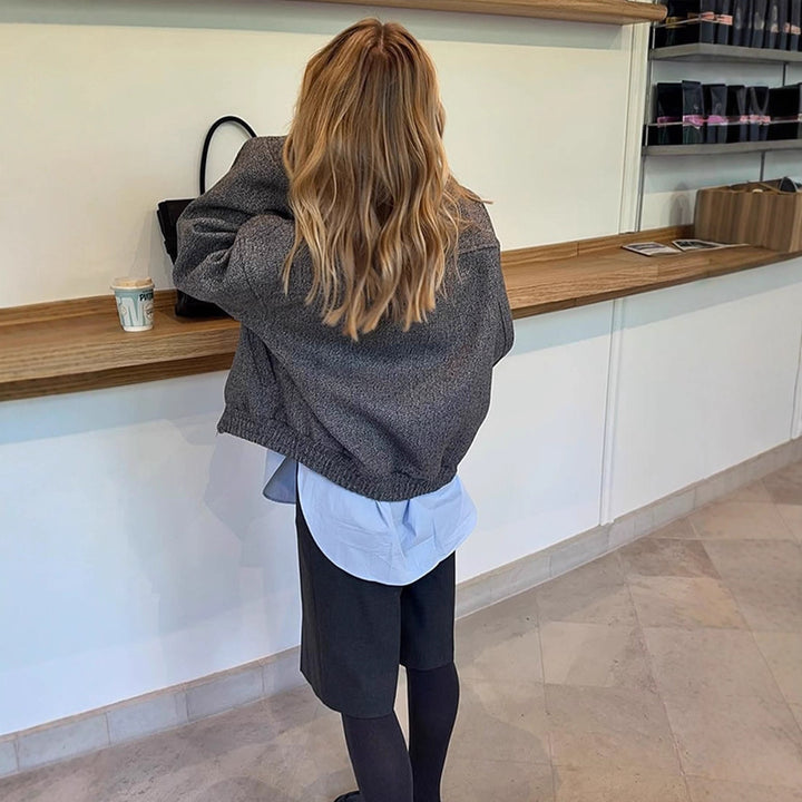Ladies short jacket in herringbone wool blend with zip and elastic hem Mune Fashion