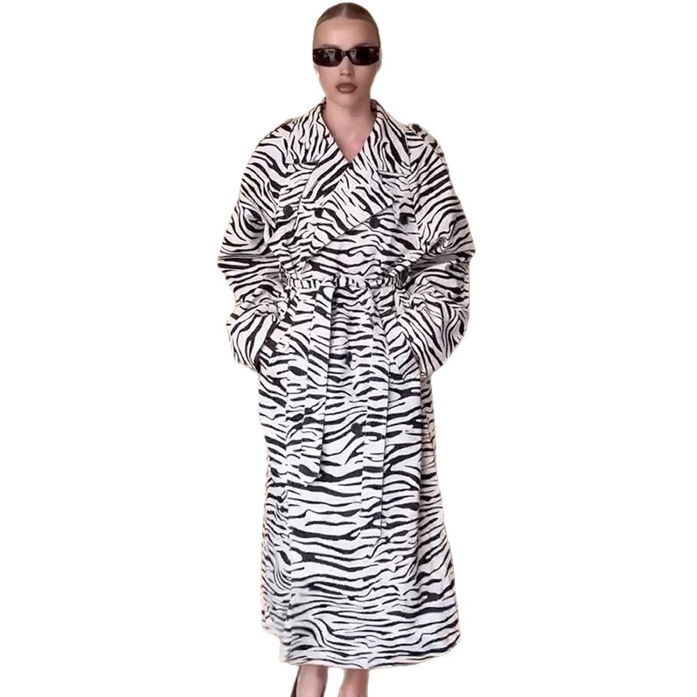 Women's Maxilength Trench Coat in Animal Print with Voluminous Shawl Collar, Tied Belt and Boxy Silhouette Mune Fashion