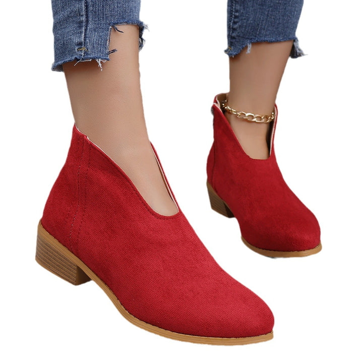 Ladies V-neck ankle boots made of suede look with side zipper and low wooden block sole Mune Fashion