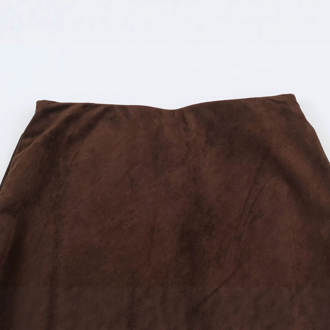 Women’s A-line midi skirt with velour look and chiffon ruffle Mune Fashion