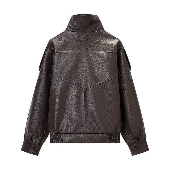 Women's oversized faux leather jacket with high stand-up collar, asymmetric snap button placket, and elastic hem Mune Fashion
