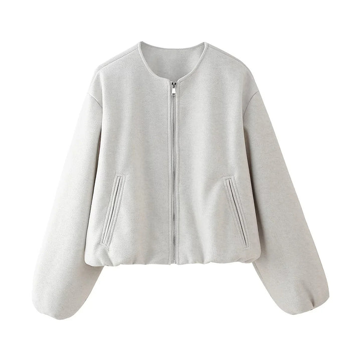 Women's short-cut bomber jacket without collar with balloon sleeves and side pockets Mune Fashion
