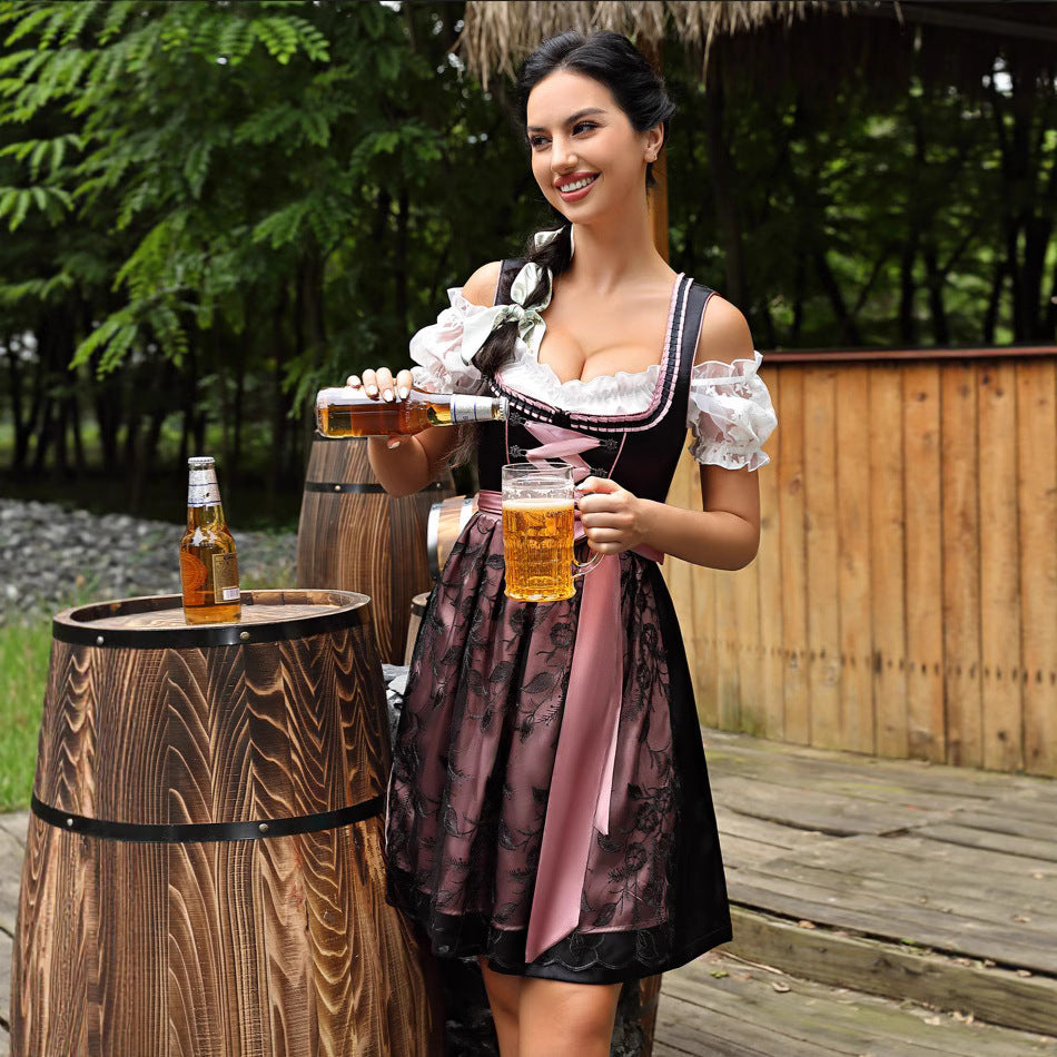 Women's short dirndl traditional dress with lacing, lace sleeves and decorative apron Mune Fashion
