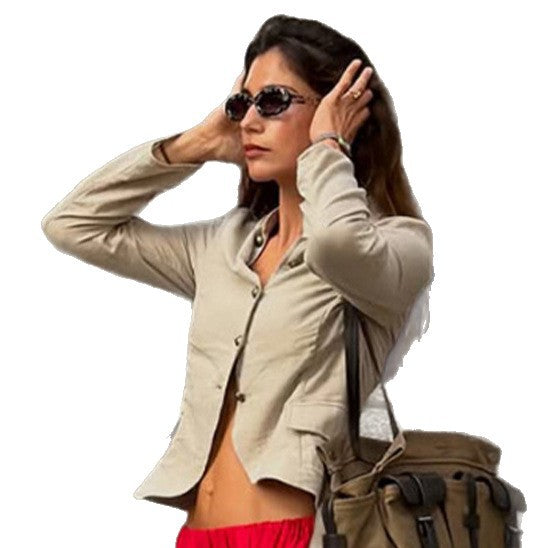 Women Short Cut Tailored Linen Look Blazer Jacket with Stand Collar Mune Fashion