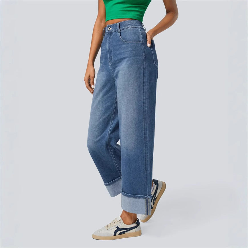Women's high-waisted wide ankle-length jeans with wide cuff and five-pocket cut Mune Fashion