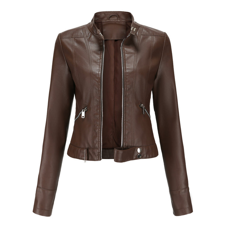 Women's short fitted faux leather jacket in racer style with stand-up collar and zip pockets Mune Fashion