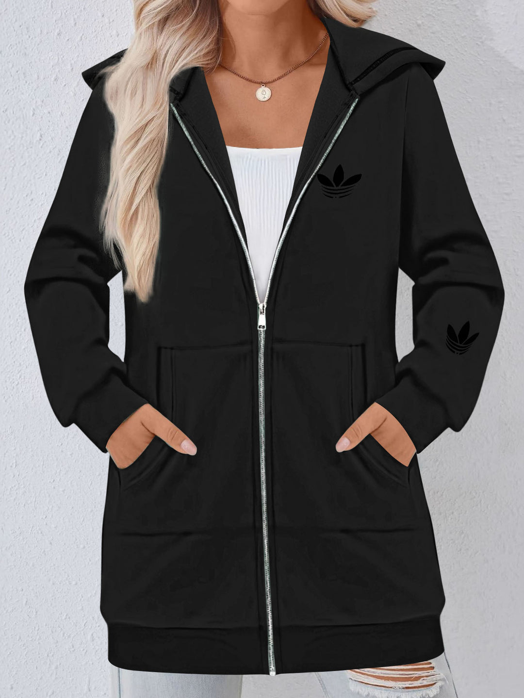 Women's Long Hooded Sweat Jacket with Metal Zipper, Kangaroo Pockets and Figure-Flattering Silhouette Drune