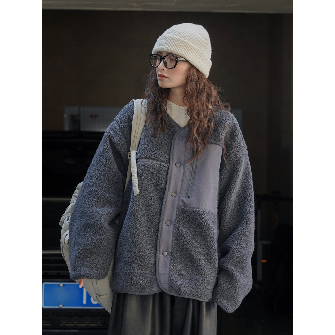 Women's Padded Teddy Fleece Jacket with Contrasting Front Panel and Patch Pockets Mune Fashion