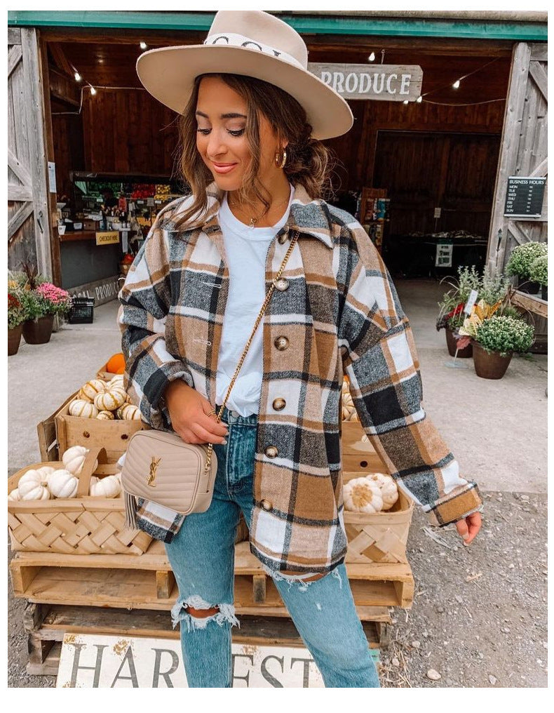 Women's Oversized Checked Flannel Shacket with Chest Pockets and Wooden Buttons Mune Fashion