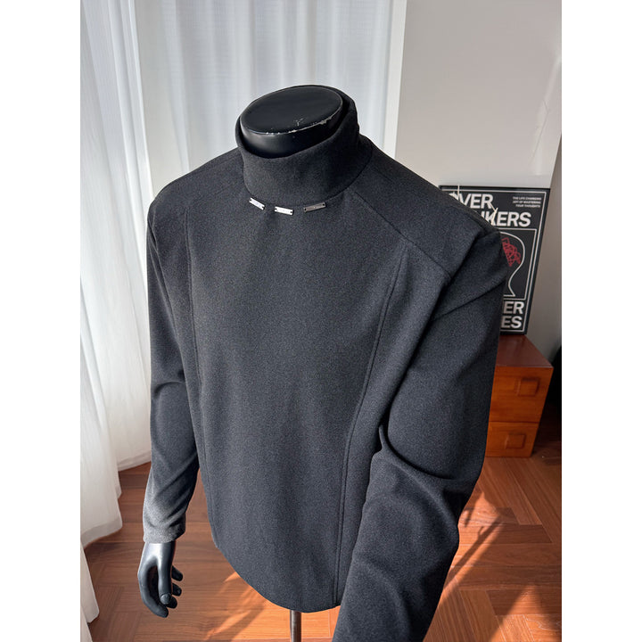 Men's Rollneck Fine Knit Shirt with Metal Studs at the Collar and Slim Silhouette Mune Fashion