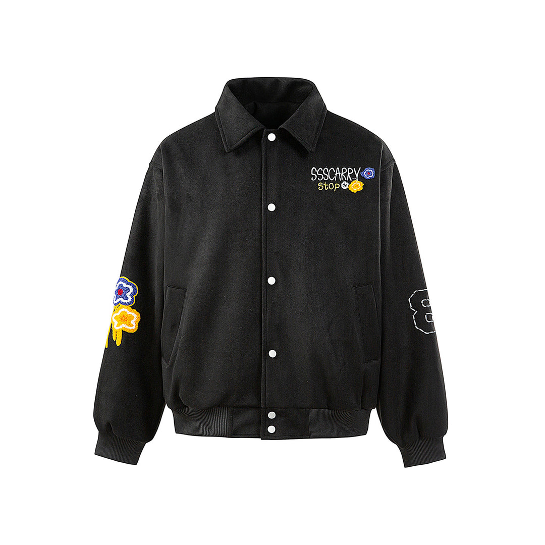 Unisex Boxy Blouson Jacket with Embroidered Floral Patches and Elastic Hem Mune Fashion