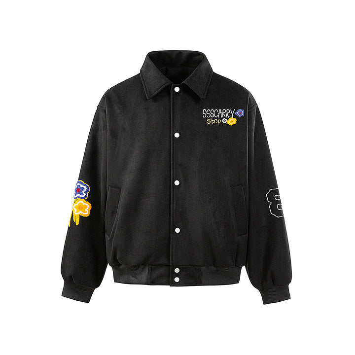 Unisex Boxy Blouson Jacket with Embroidered Floral Patches and Elastic Hem Mune Fashion