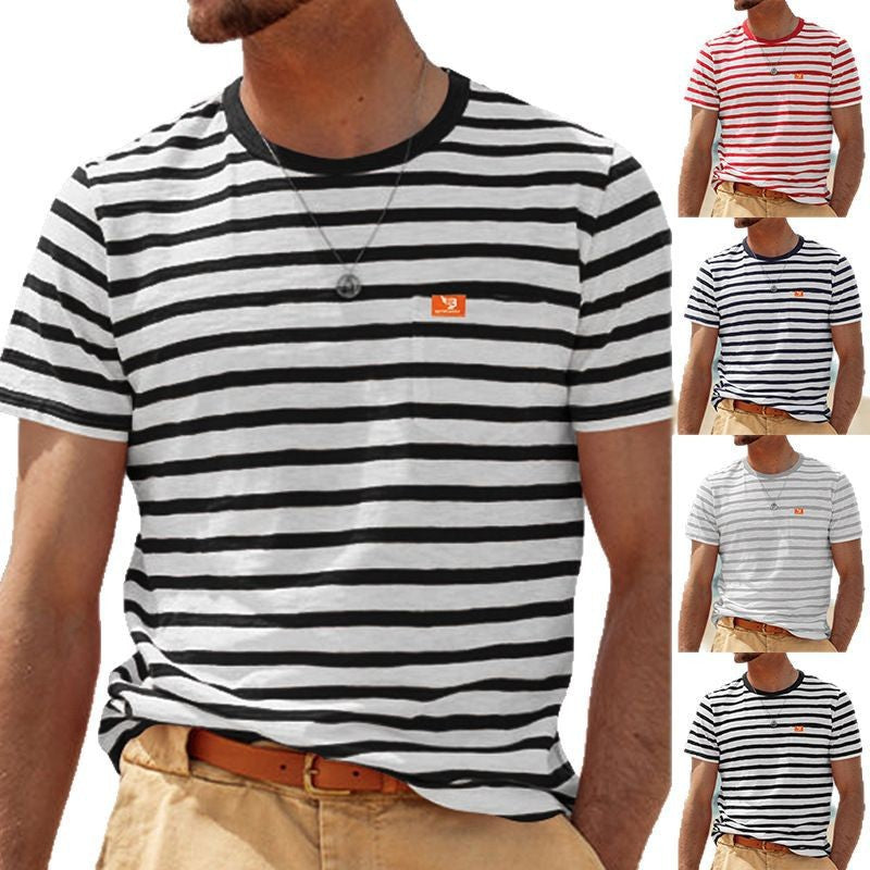 Men's casual striped cotton jersey T-shirt with round neckline and unobtrusive logo patch Mune Fashion