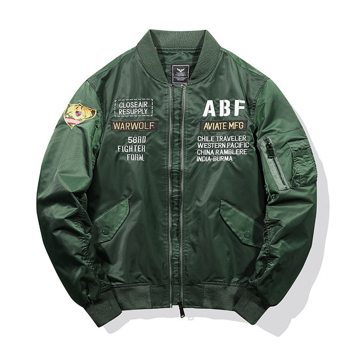 Men's pilot bomber jacket in vintage military look with embroidered patches and sleeve utility pocket Mune Fashion