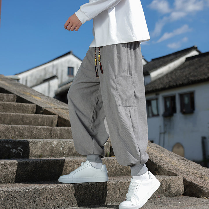 Men's Wide-Fit Harem Jogging Pants made of Fine Cord with Decorative Tassel Drawstring Mune Fashion