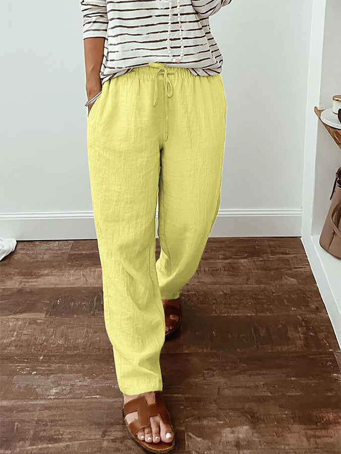 Women's lightweight linen look pants with elastic drawstring, front pockets and wide leg Mune Fashion