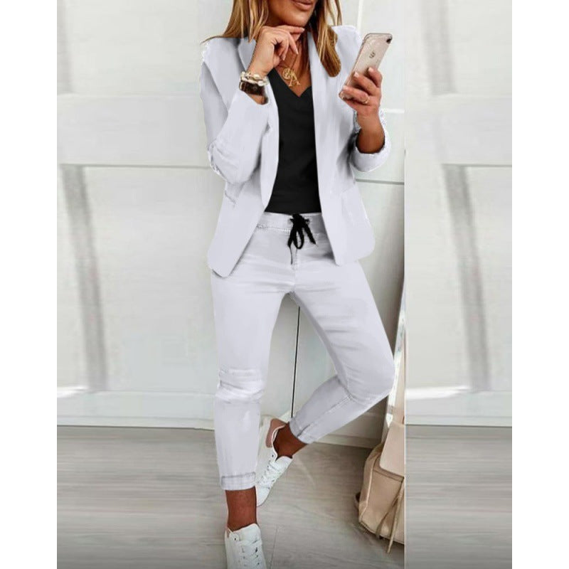 Women's Two-Piece Stretch Jersey Blazer Set with Drawstring Jogging Pants Mune Fashion