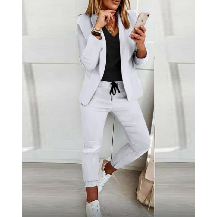 Women's Two-Piece Stretch Jersey Blazer Set with Drawstring Jogging Pants Mune Fashion