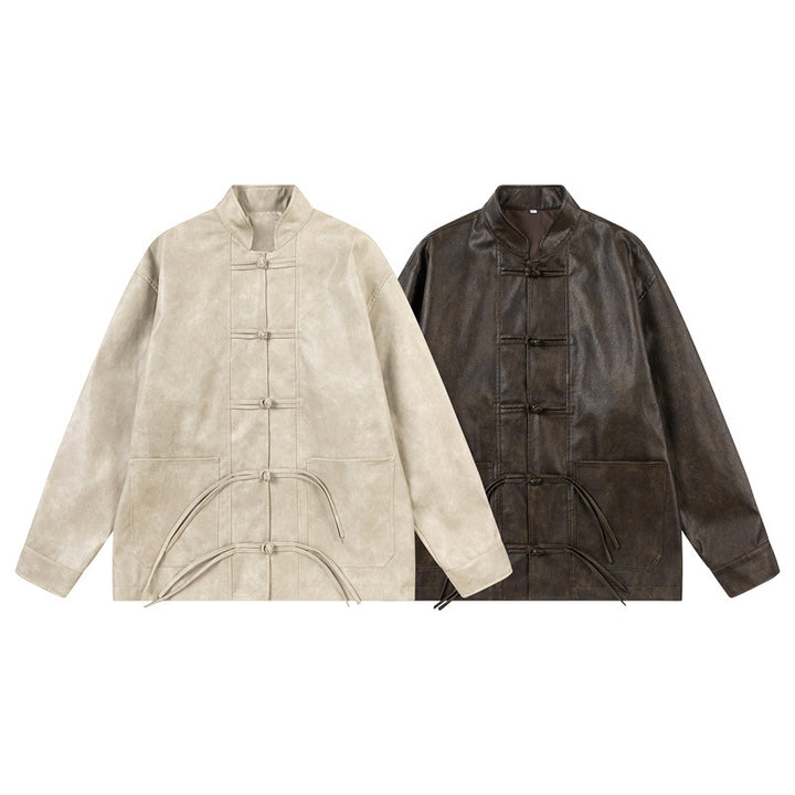 Unisex Asian inspired oversized jacket with mandarin collar and knot closures Mune Fashion