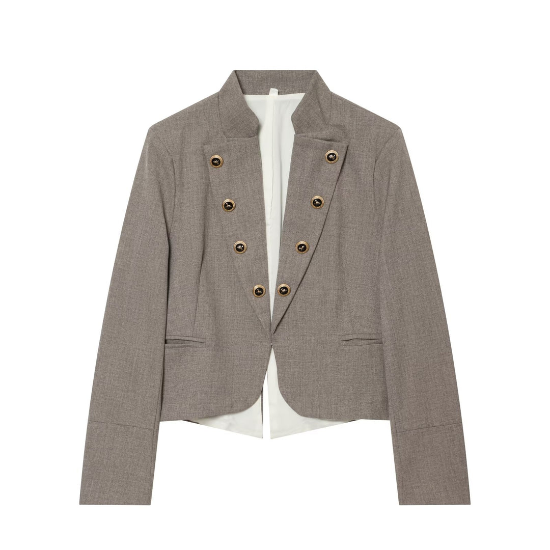 Women's Tailored Short Jacket with Stand-Up Collar and Decorative Double Button Placket Mune Fashion