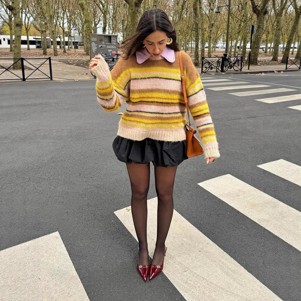 Women's Cozy Striped Sweater made of fluffy Mohair mix with round neckline and oversized silhouette