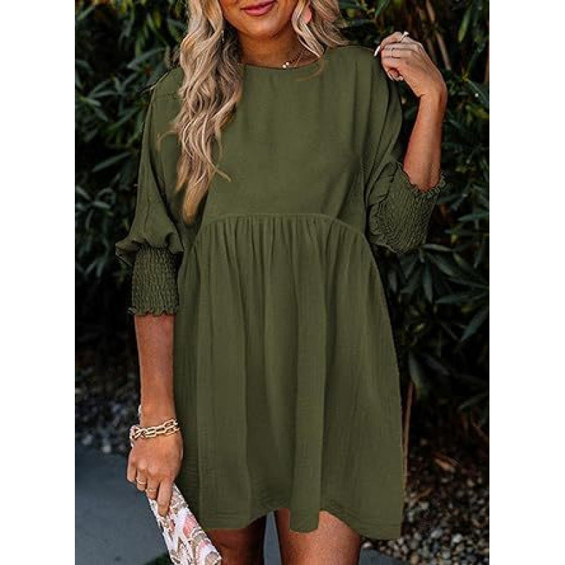 Women's Loose Babydoll Dress with Balloon Sleeves and Gathered Waist Mune Fashion