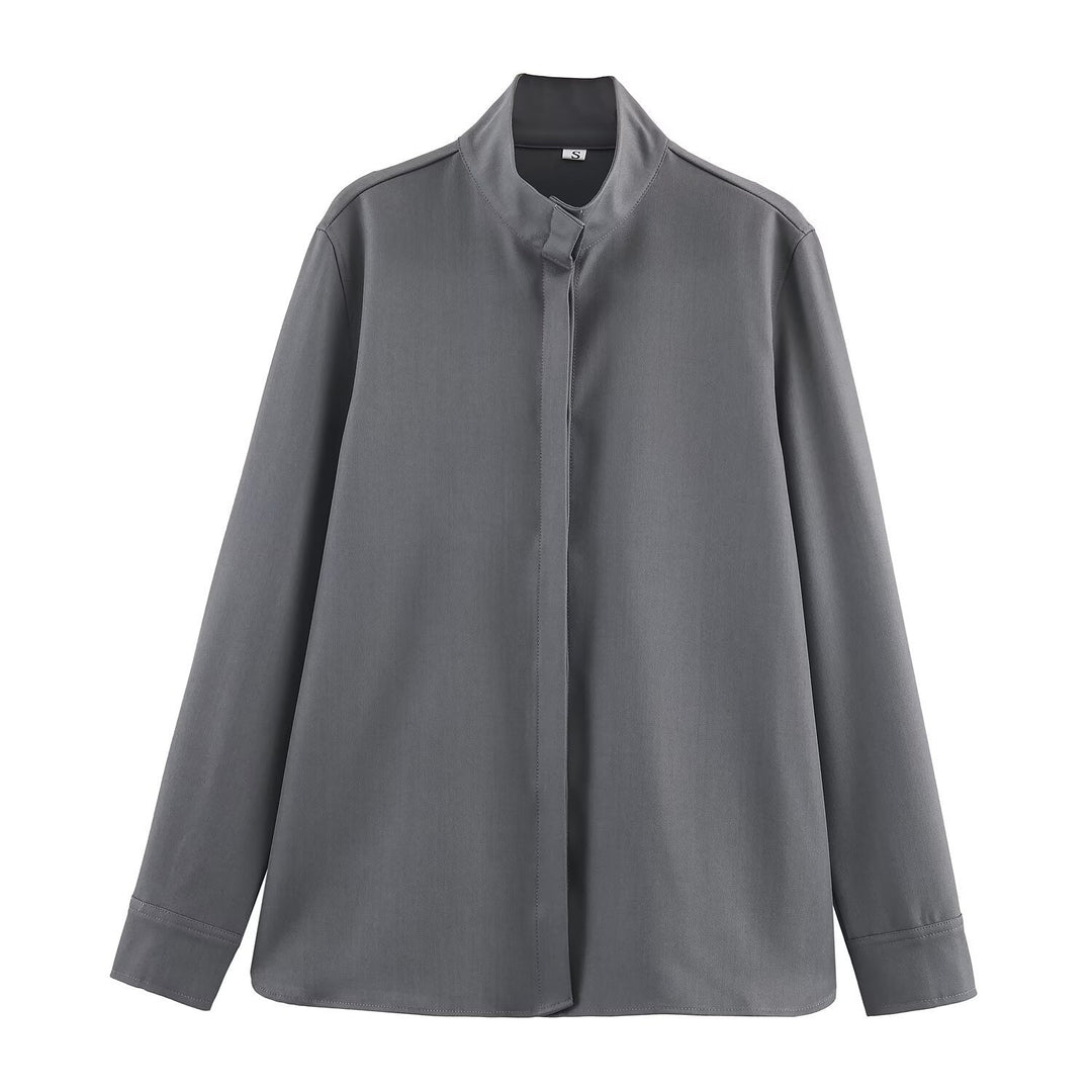 Women's loose-fitting tunic blouse with concealed button placket and stand-up collar Mune Fashion