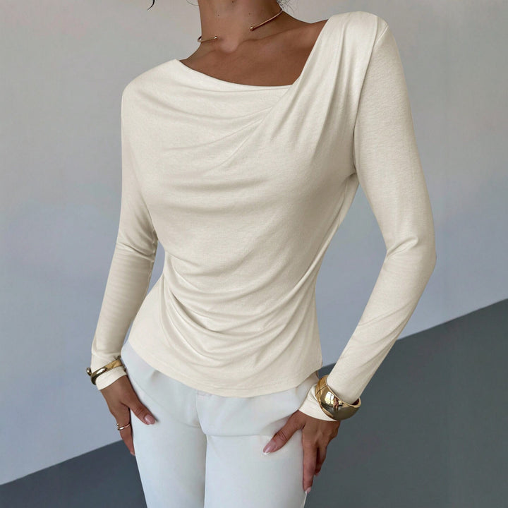 Women's elegant draped long sleeve top with waterfall collar and tailored silhouette Mune Fashion