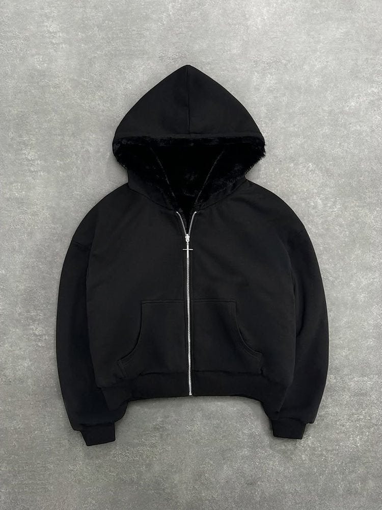 Unisex hooded sweatshirt jacket with faux fur lining, cropped cut and cross zipper Mune Fashion