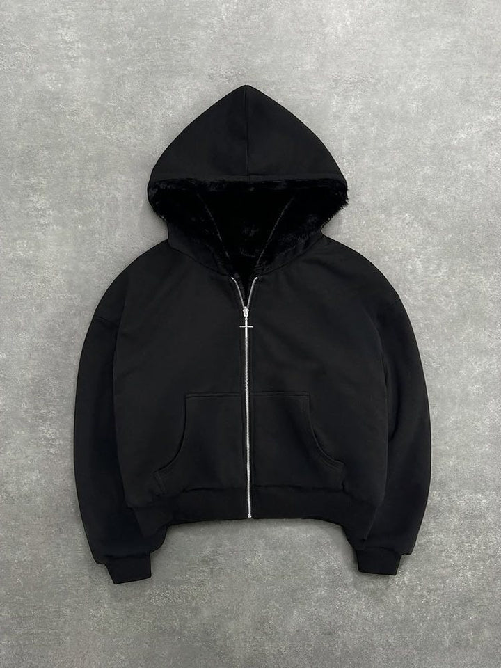 Unisex hooded sweatshirt jacket with faux fur lining, cropped cut and cross zipper Mune Fashion