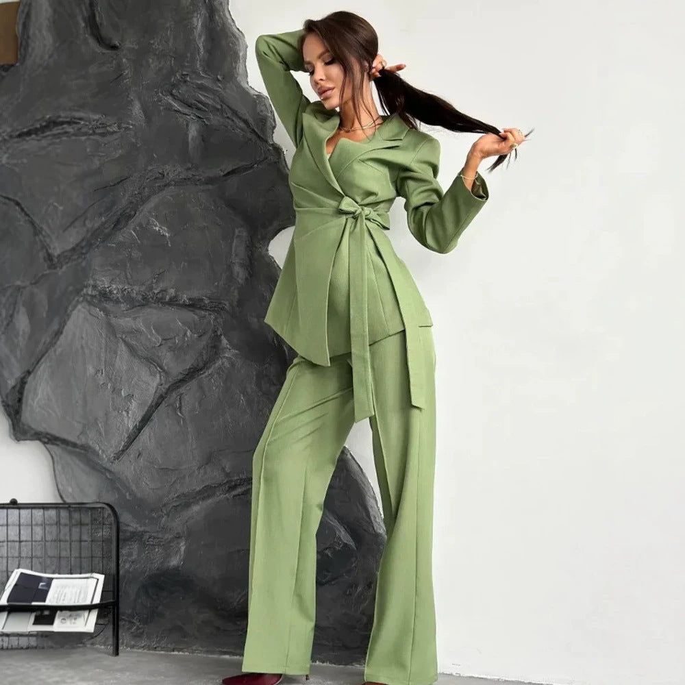 Women Tailored Blazer Coat with Tie Belt and Wide Suit Trousers Mune Fashion