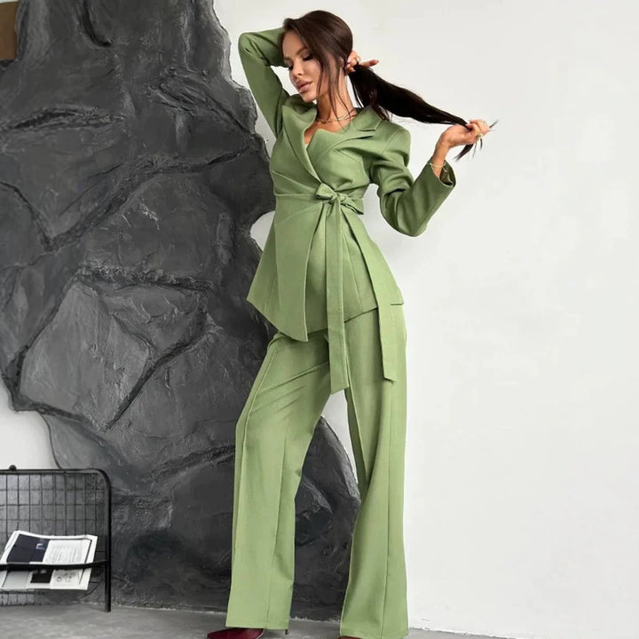 Women Tailored Blazer Coat with Tie Belt and Wide Suit Trousers Mune Fashion