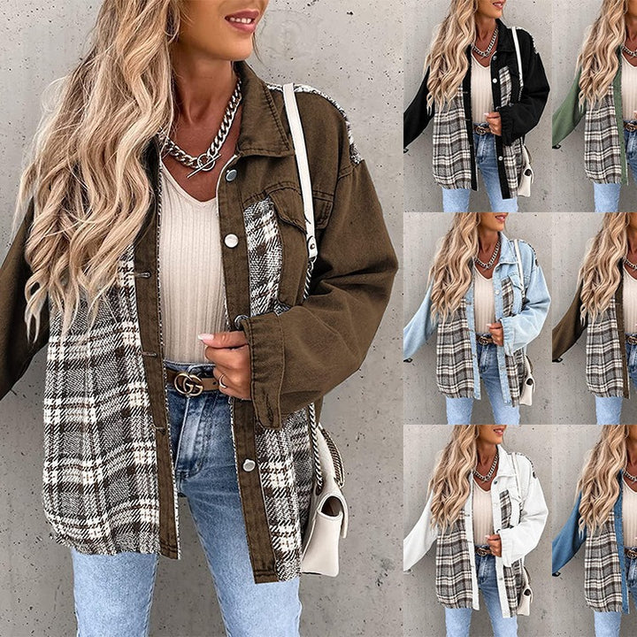 Women's casual shacket made of corduroy fabric with checked panel inserts and snap button closure Mune Fashion
