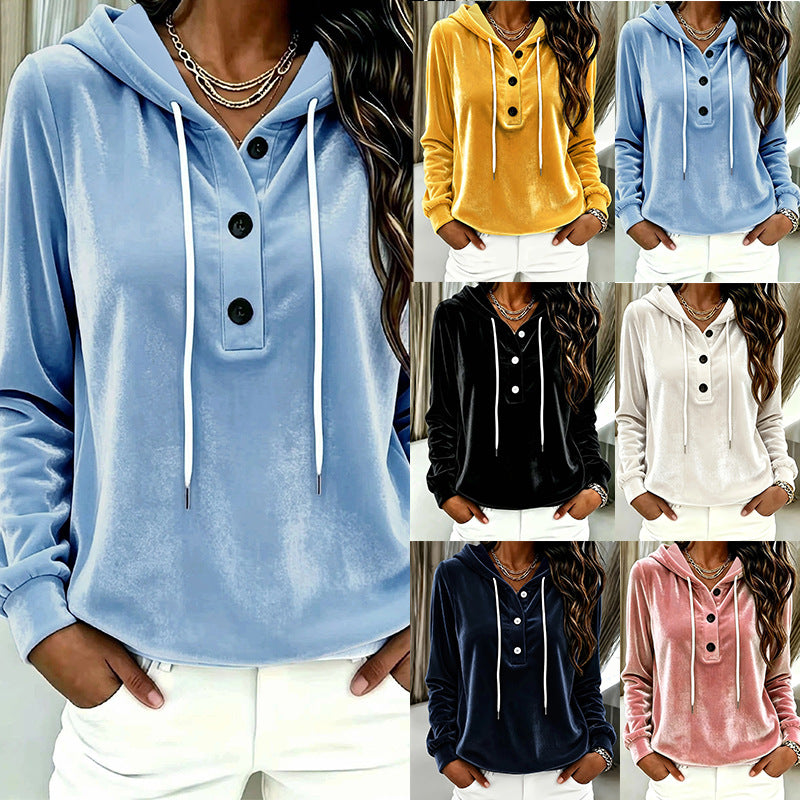 Women's Velvet Hoodie with Button Placket, Hood and Soft Fleece Finish Mune Fashion